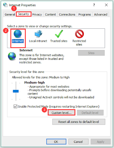 Onglet Sécurité, choisissez Internet et sélectionnez le niveau Personnalisé