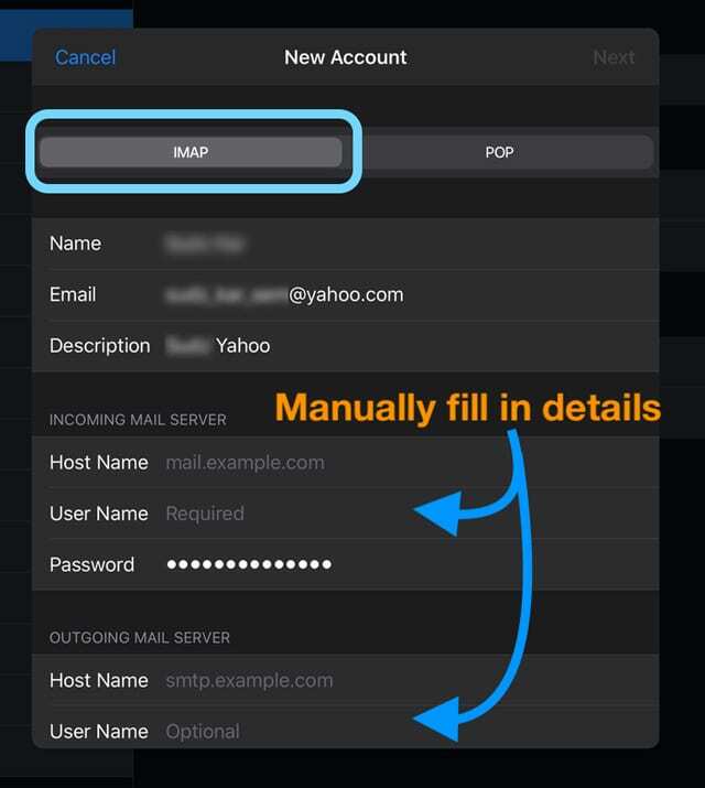 adăugați manual informații de server pentru contul de e-mail pe iOS