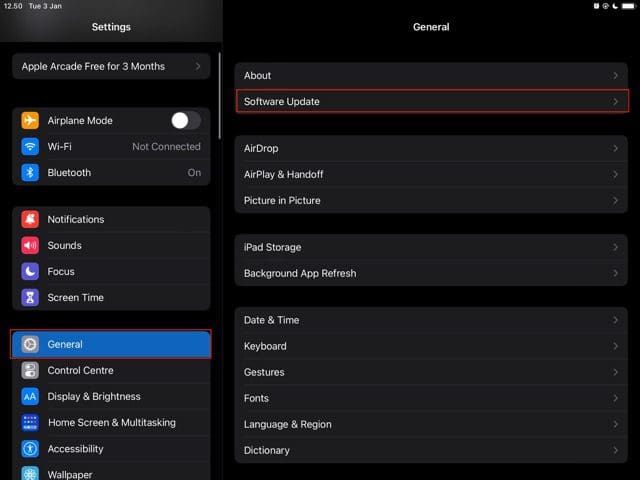 Snímka obrazovky zobrazujúca nastavenia aktualizácie softvéru na iPade