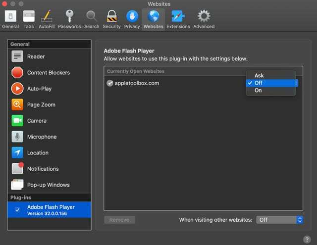 Adobe Flash Player 플러그인을 사용하여 Safari에서 Adobe Flash를 허용하거나 허용하지 않습니다.