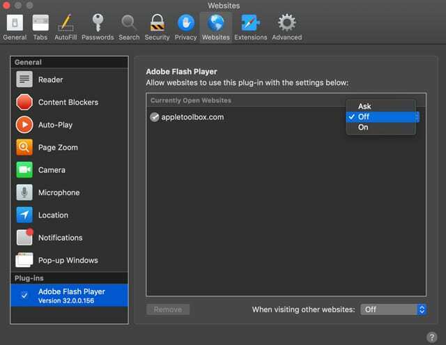 Atļaut vai neatļaut Adobe Flash pārlūkprogrammā Safari, izmantojot Adobe Flash Player spraudni