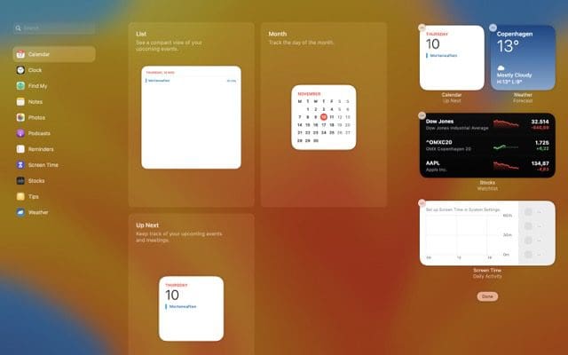 capture d'écran montrant les widgets du calendrier mac