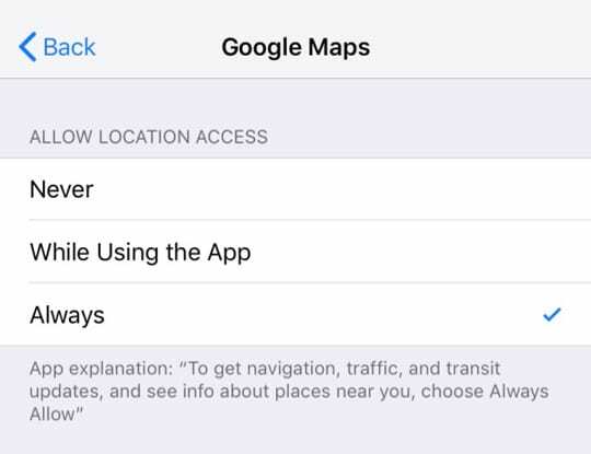 Permitir acesso à localização do Google Maps para sempre no iPhone ou iPad