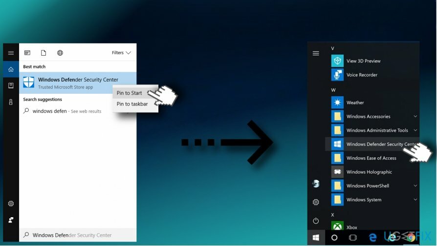 Pin Windows Defender Security Center vast aan het startmenu