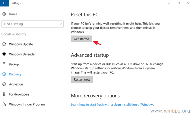 reset pc ini Windows 10