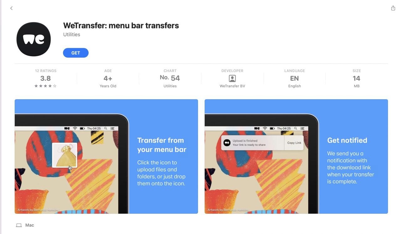 Snímka obrazovky zobrazujúca hlavnú stránku pre WeTransfer v App Store
