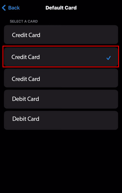 Apple वॉलेट में डिफॉल्ट कार्ड कैसे सेट करें डिफॉल्ट कार्ड का चयन करें