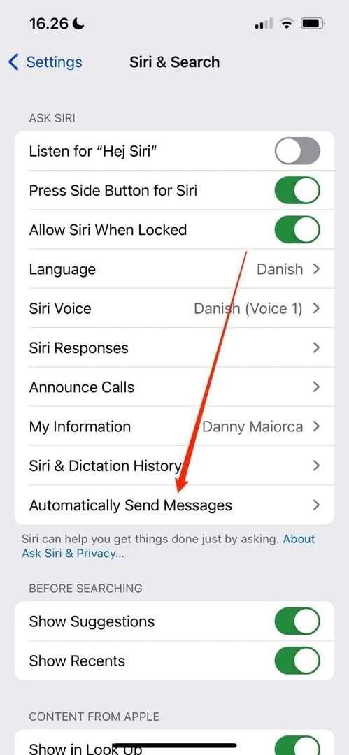 Screenshot, der die Option „Nachrichten automatisch senden“ in iOS 16 zeigt