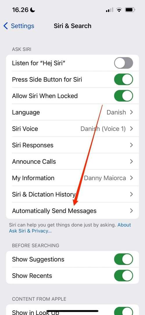 आईओएस 16 में स्वचालित रूप से संदेश भेजें विकल्प दिखाने वाला स्क्रीनशॉट