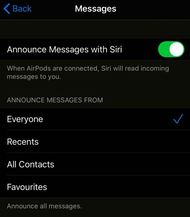 scegli come Siri annuncia i messaggi