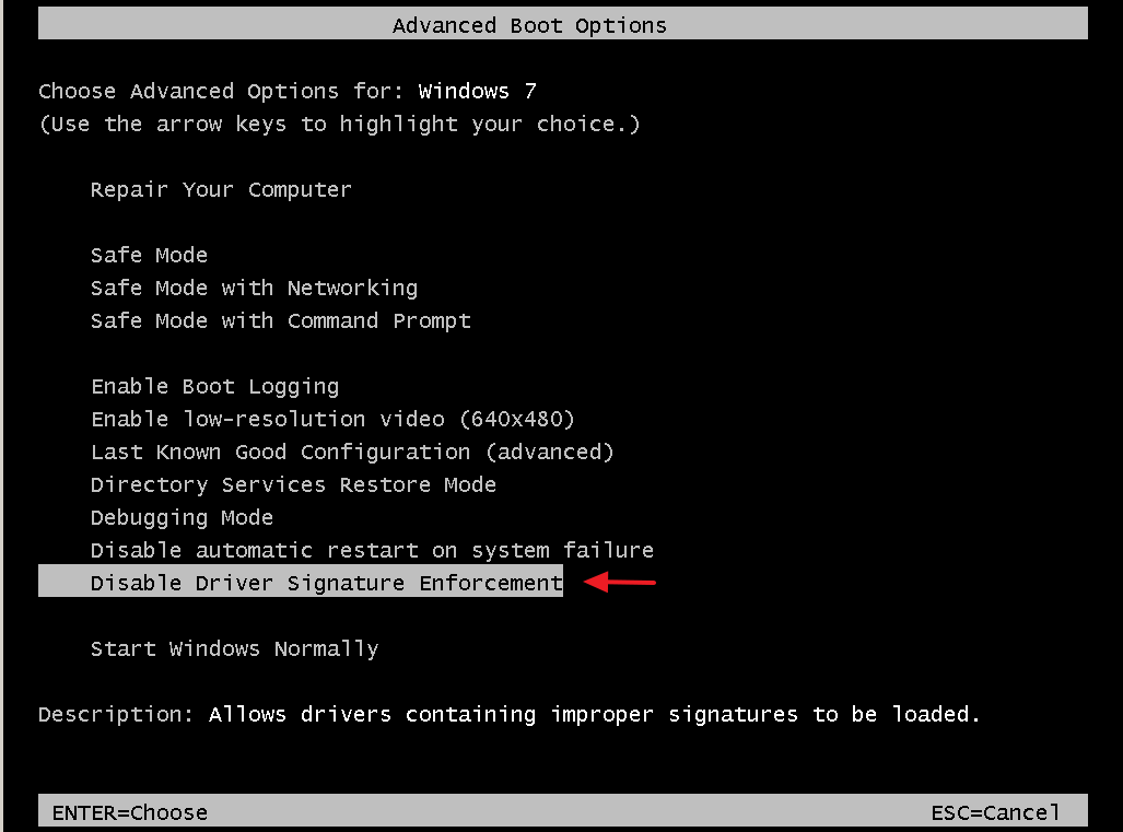 Nonaktifkan DriverSignature7