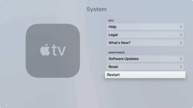 Opsi mulai ulang dari Pengaturan Sistem di Apple TV