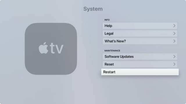 Opção de reinicialização em Configurações do sistema na Apple TV