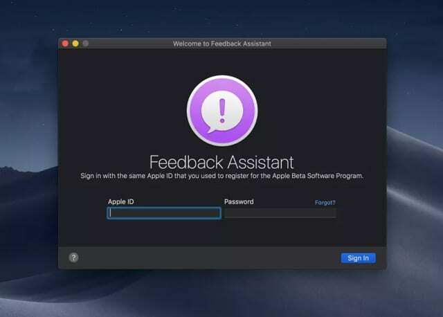 Mac macOS Mojave's Feedback Assistant pro beta testery