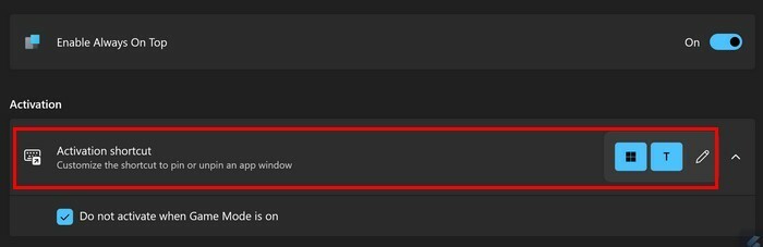 Skrót klawiaturowy aktywacji dla zawsze na wierzchu
