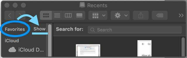 Chybějící sekce Oblíbené v Mac's Finder