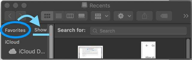 Avsnittet Favoriter saknas i Macs Finder