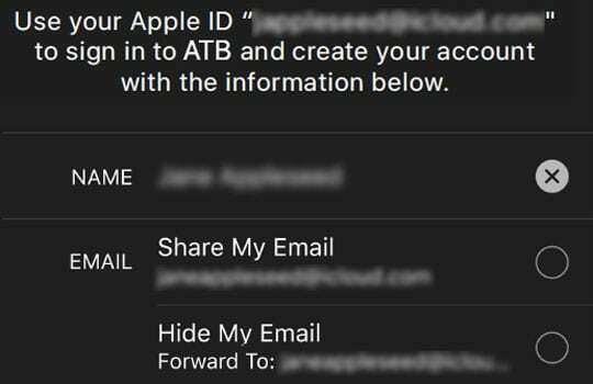 iOS 13 și iPadOS Partajați sau Ascundeți e-mailul când utilizați Conectați-vă cu Apple