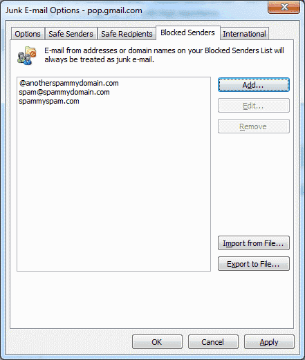 Экран заблокированных отправителей Outlook 2010