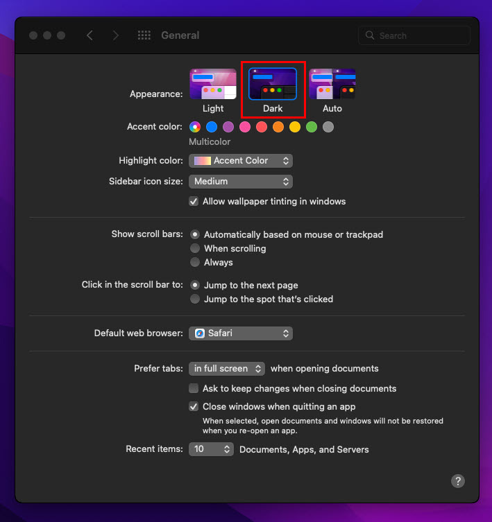 Το θέμα εμφάνισης macOS έχει οριστεί σε Dark mode