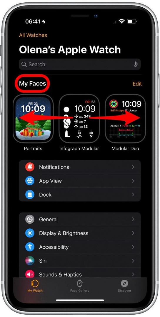 मेरे चेहरे के तहत, उस घड़ी के चेहरे को खोजने के लिए स्वाइप करें जिसे आप संपादित करना या हटाना चाहते हैं।