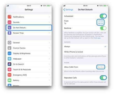 Két iPhone képernyőkép, amely a Ne zavarj beállításokhoz navigál, és kiemeli a megfelelő opciókat