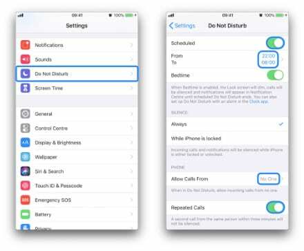 Deux captures d'écran de l'iPhone naviguant vers les paramètres Ne pas déranger et mettant en évidence les options pertinentes