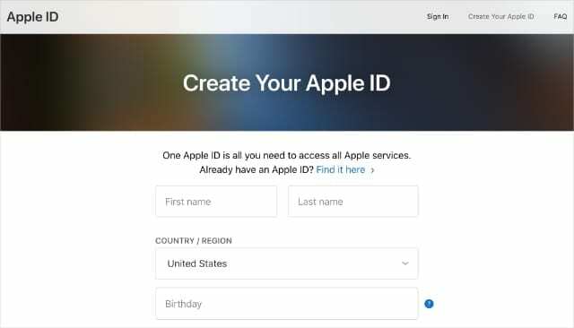 Apple ID 웹 사이트에서 Apple ID 페이지 생성