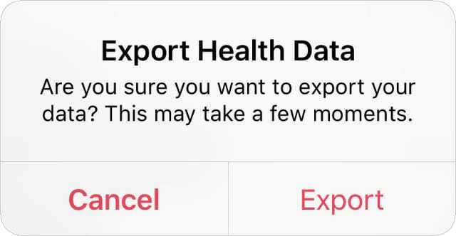 Egészségügyi adatok előugró figyelmeztetés exportálása iPhone-ról
