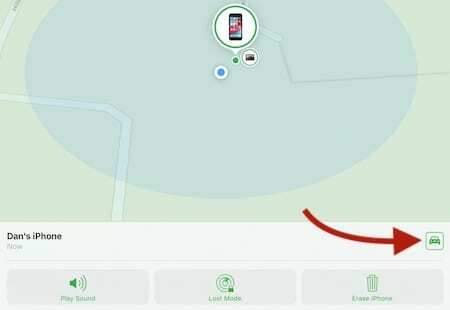 Atinge pictograma mașină pentru a obține indicații de orientare către iPod touch sau iPad pierdut.