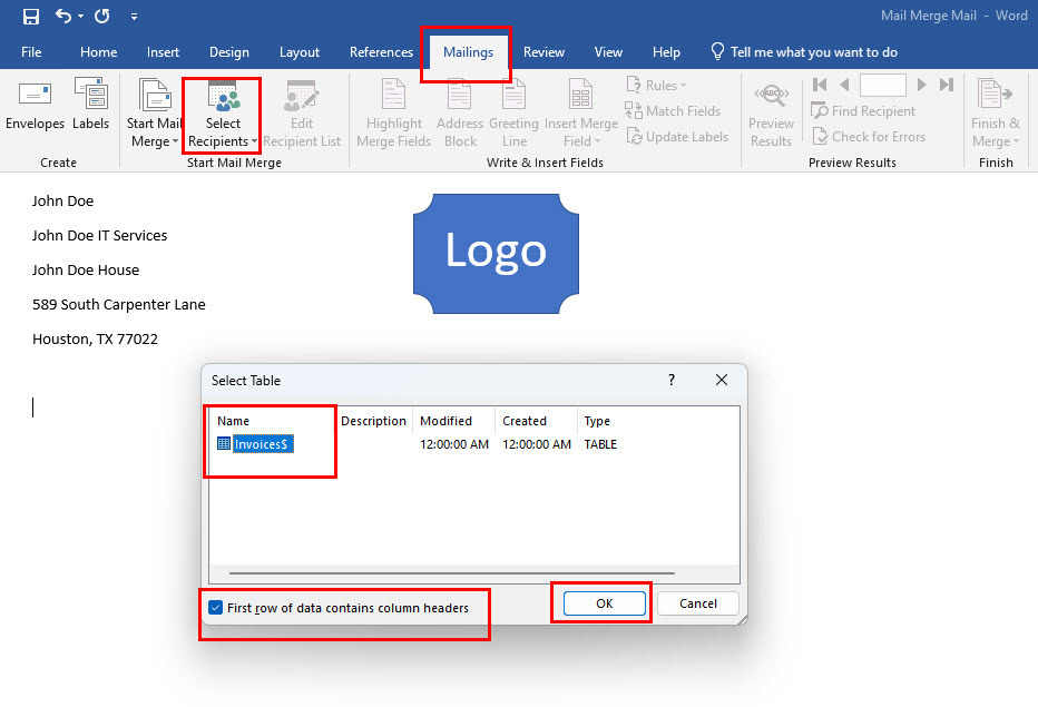 Väljer tabell för kopplingsdatabas från Excel