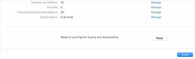 Állítsa vissza az összes figyelmeztető opciót az iTunes-fiók beállításaiban