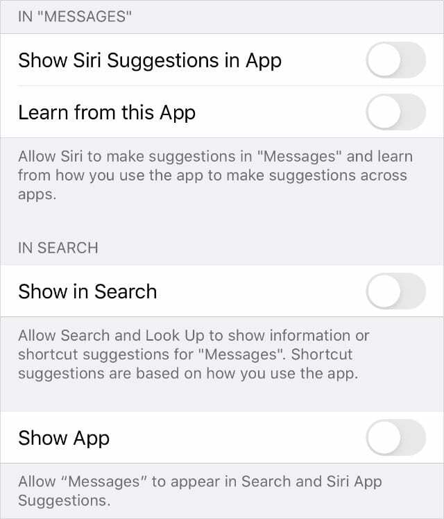 Siri och sökinställningar avstängda för meddelanden
