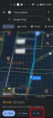 एक पिन किया हुआ Google मानचित्र मार्ग