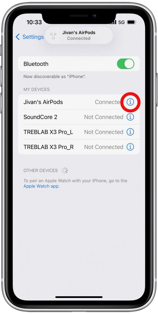 Airpods ステップ 4 で曲をスキップ - 「i」アイコンをタップします。