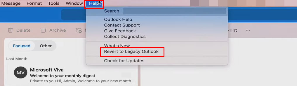 Volver a la función de Outlook heredado para cambiar de Outlook nuevo a antiguo en Mac