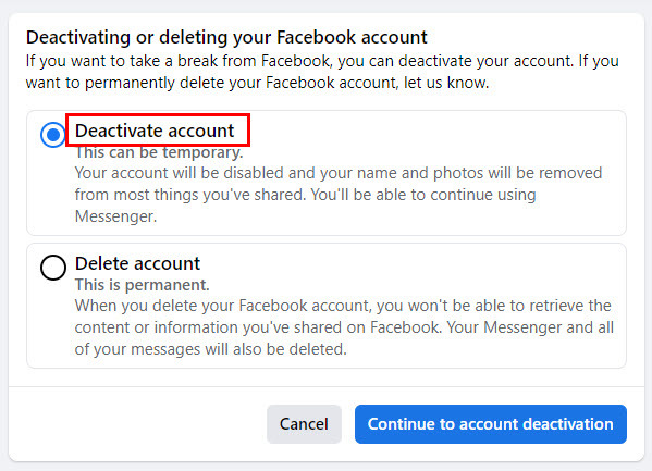 Facebook Deactivate Vs. წაშლა