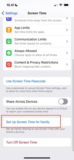 Προσκαλέστε την οικογένειά σας στο iOS Screen Time επιλέγοντας την επιλογή Ρύθμιση λογαριασμού