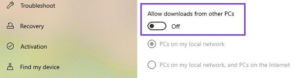 Klicken Sie auf Deaktivieren Sie die Option Downloads von anderen PCs zulassen