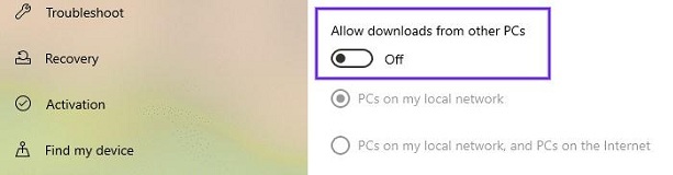 cliquez pour désactiver l'option Autoriser les téléchargements à partir d'autres PC