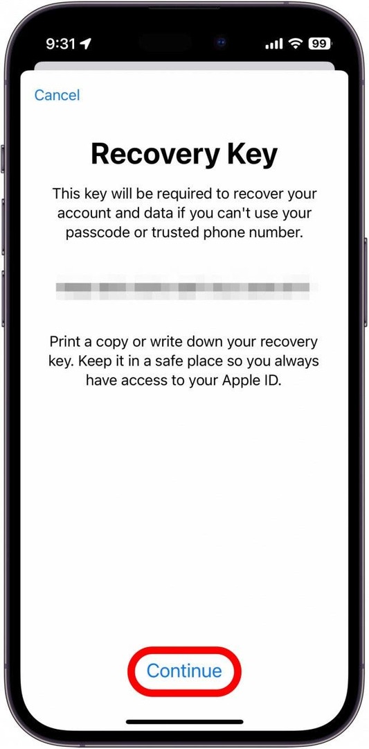 Nadat u uw iPhone-toegangscode hebt ingevoerd, wordt uw herstelsleutel weergegeven. Schrijf dit op en bewaar het op een veilige plaats, aangezien u deze sleutel nodig heeft om weer toegang te krijgen tot uw Apple-account als u uw wachtwoord kwijtraakt. Tik op Doorgaan als je het eenmaal hebt opgeschreven.