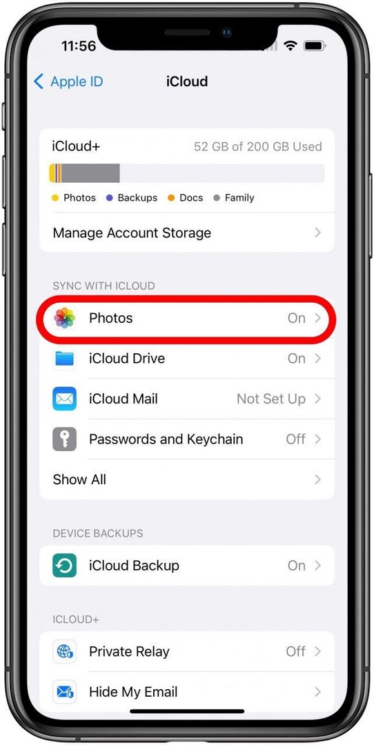 หน้าจอการตั้งค่า iCloud พร้อมตัวเลือกรูปภาพที่ทำเครื่องหมายไว้