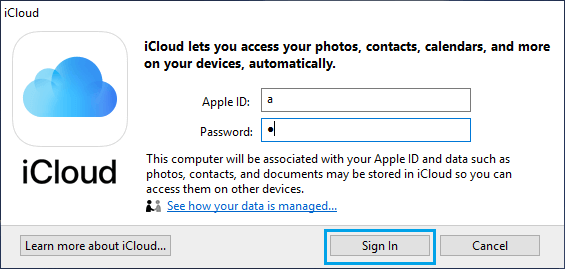 iCloud에 로그인하기 위한 Apple ID 및 암호