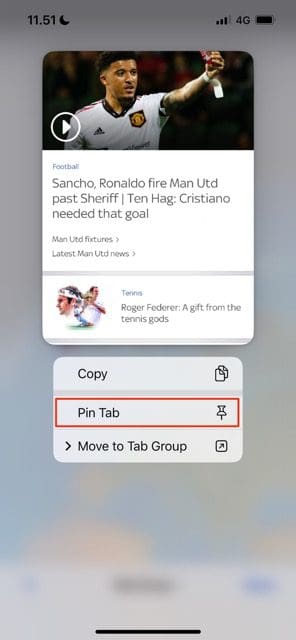Snímek obrazovky s výzvou k akci pro připnutí karty v Safari