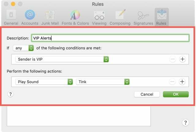Προσαρμοσμένος κανόνας ειδοποίησης VIP σε Mac