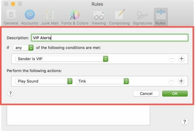 Règle de notification VIP personnalisée sur Mac