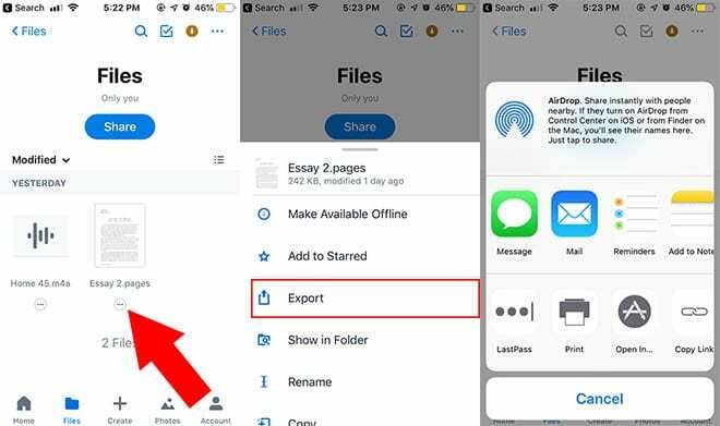 Dropbox eksportere filer