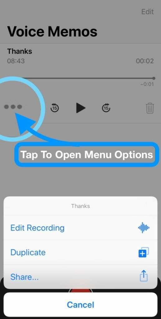 Опции на менюто на приложението за гласова бележка на iPhone с iOS 12