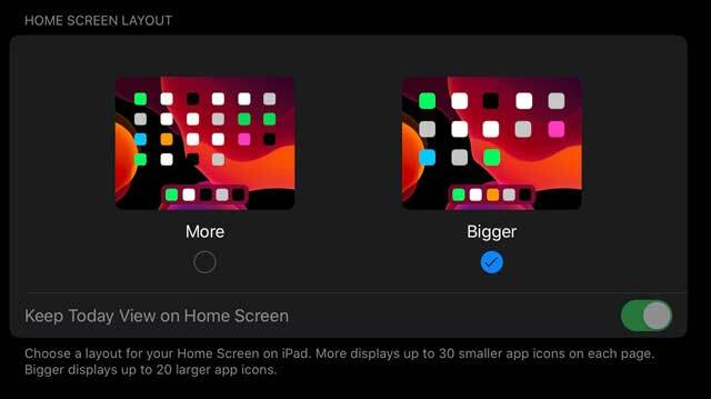 Параметры макета домашнего экрана iPadOS с выбранным параметром «Больше»