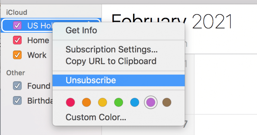 Mac से कैलेंडर हटाने के लिए " अनसब्सक्राइब" पर टैप करें